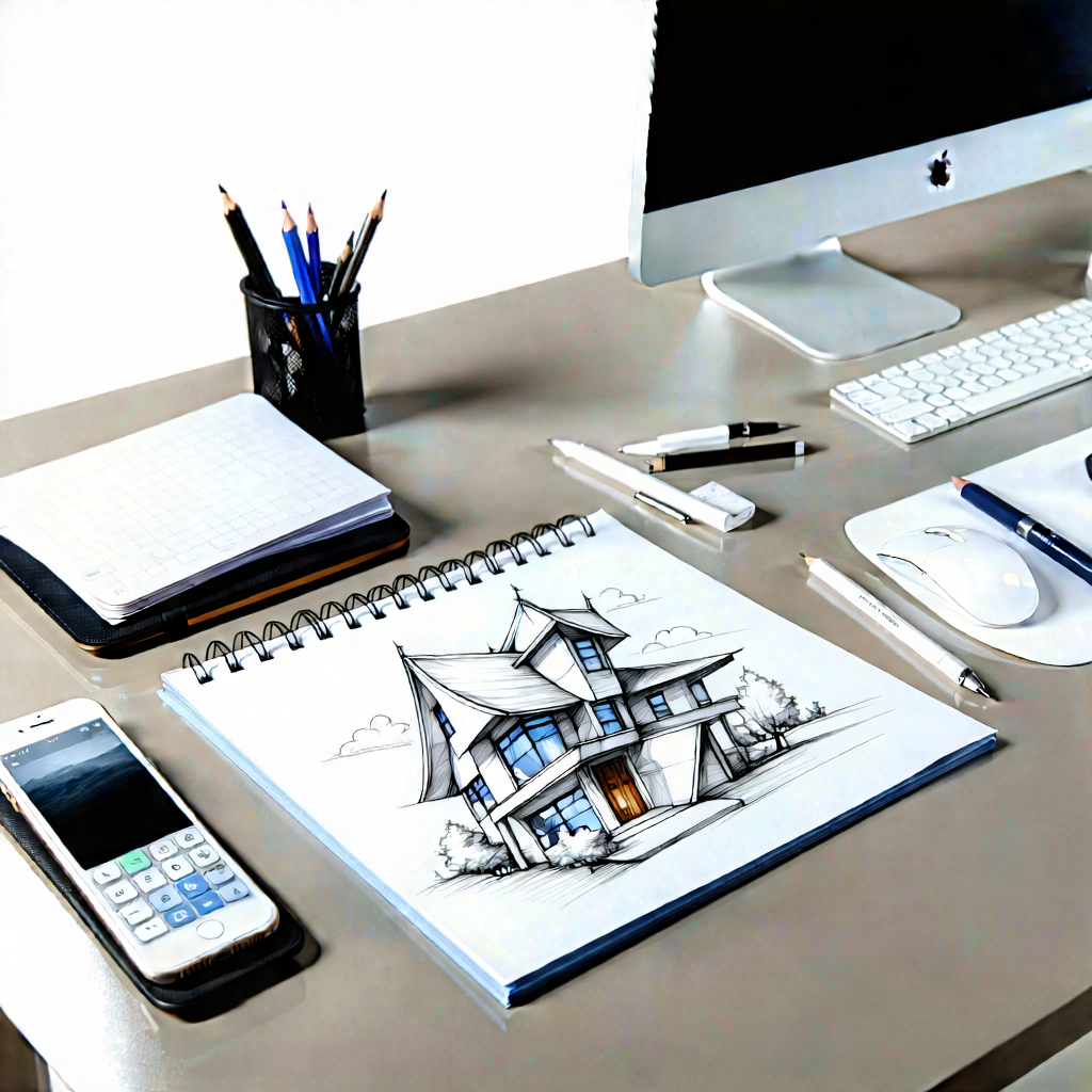 Business Pencil Sketch: Workplace With Productivity Tools On Desk With Computer Desk