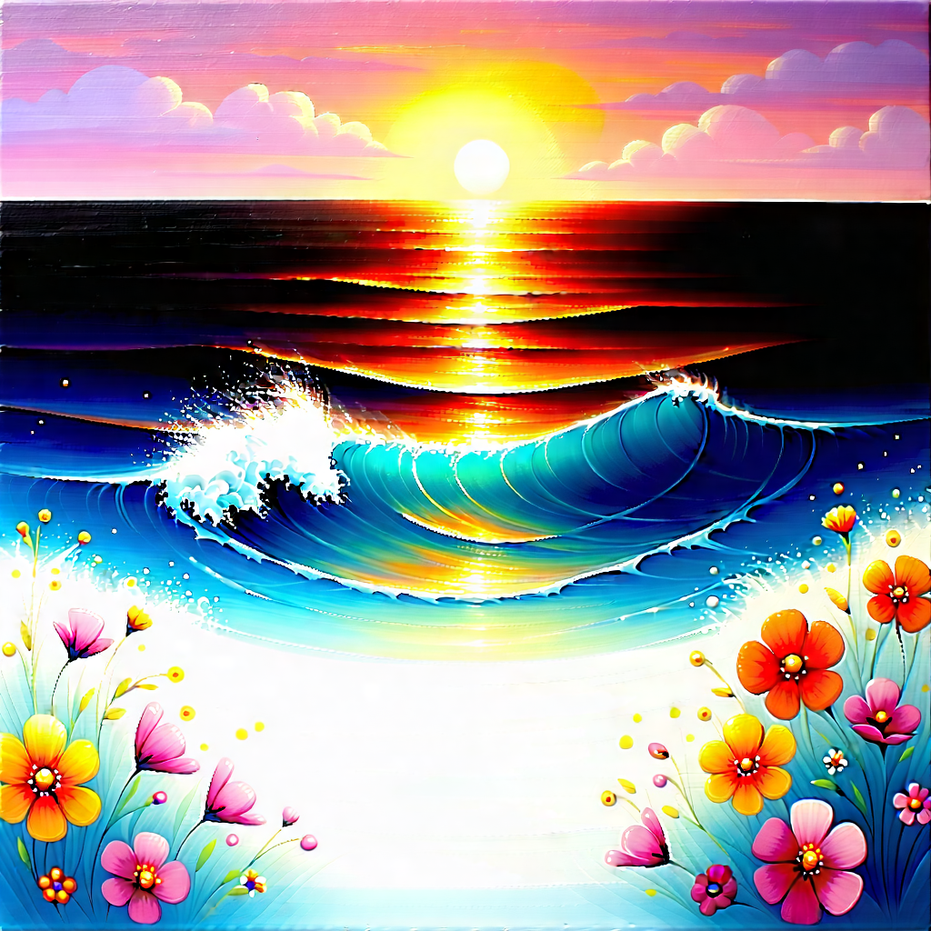 Nature Gouache Painting: Ocean Waves Surrounded By Wildflowers With Beautiful Painting