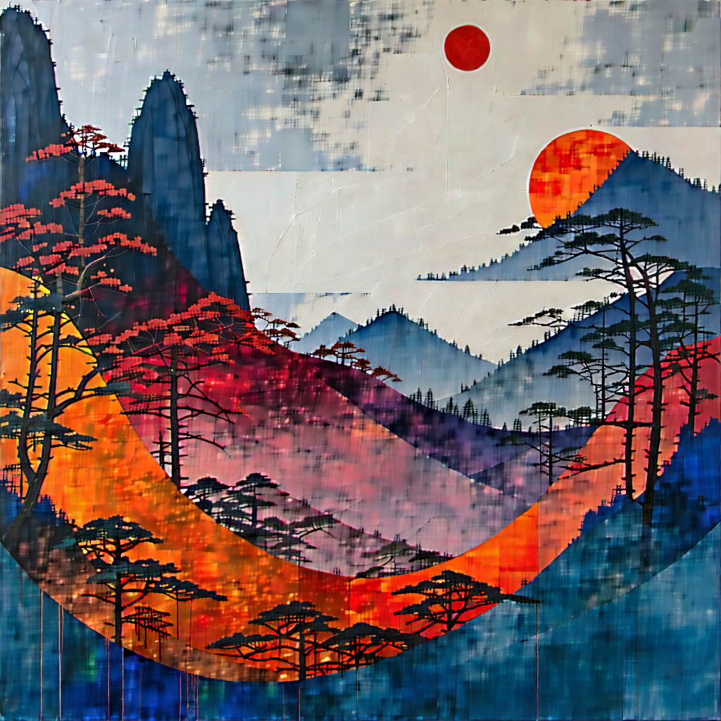 Abstract Ukiyo-e Style: Textural Abstract With Complementary Color Palette With Painting Mountainous