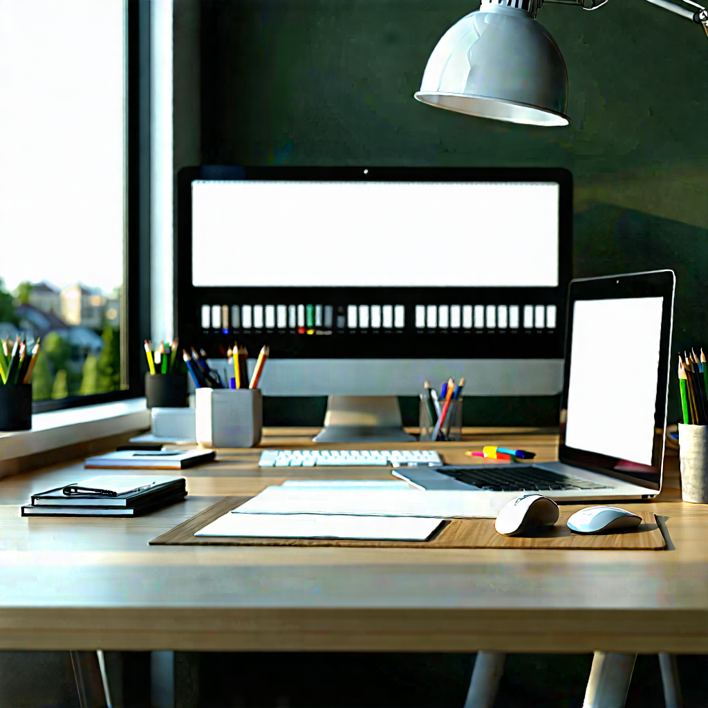 Business Landscape Photography: Workplace with productivity tools on desk