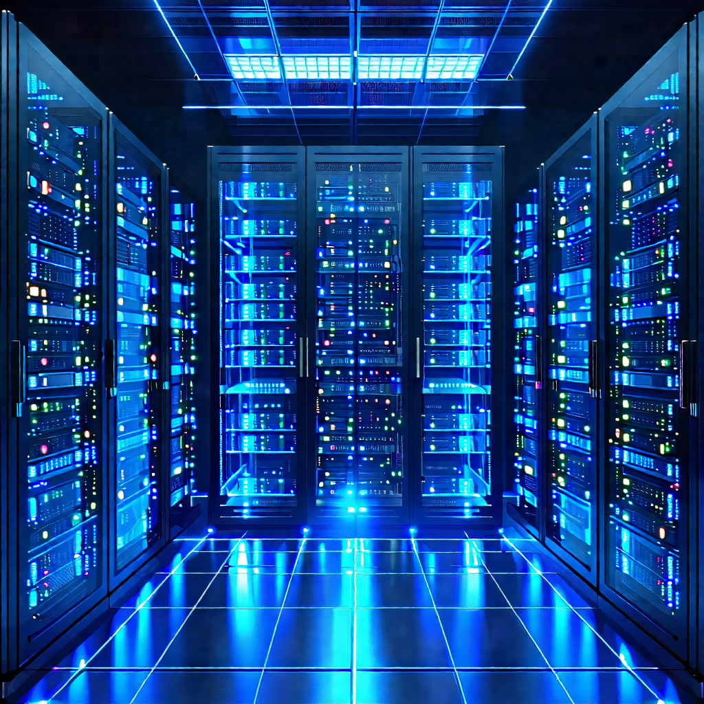 Tech Technical Illustration: Server Rack With Holographic Projection With Image, There