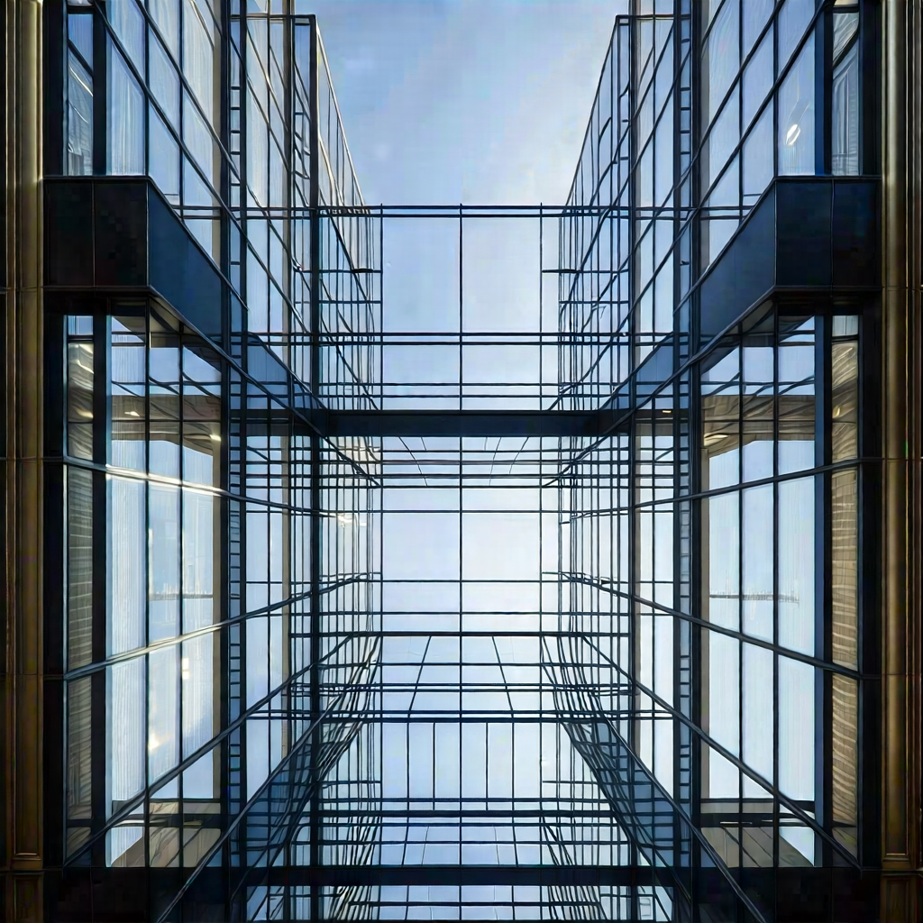 Urban Commercial Photography: Glass Office Tower With Ornate Details With Large Building