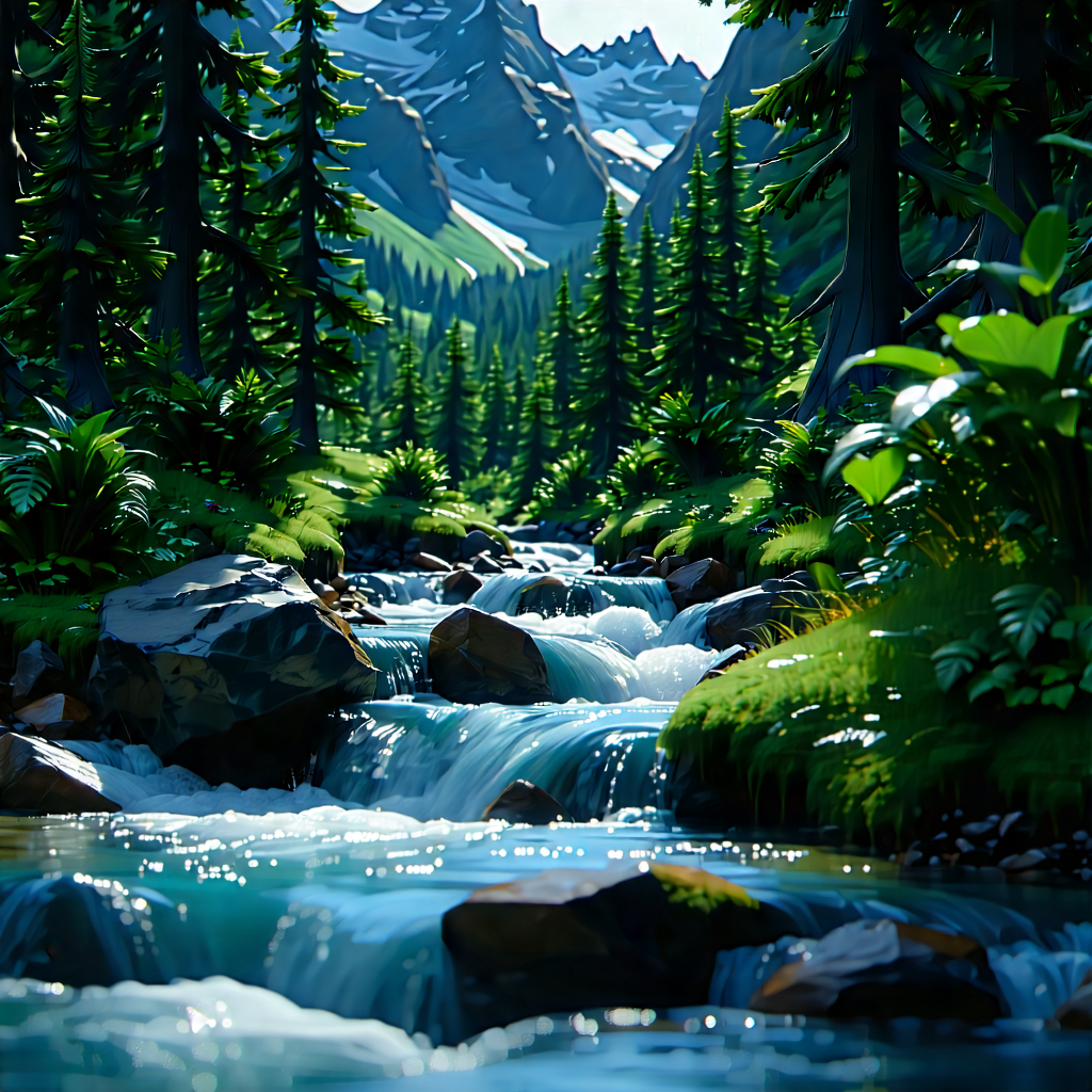 Nature Blender Artwork: (mountain:1.29) Stream Surrounded By Lush Vegetation With Beautiful Scene