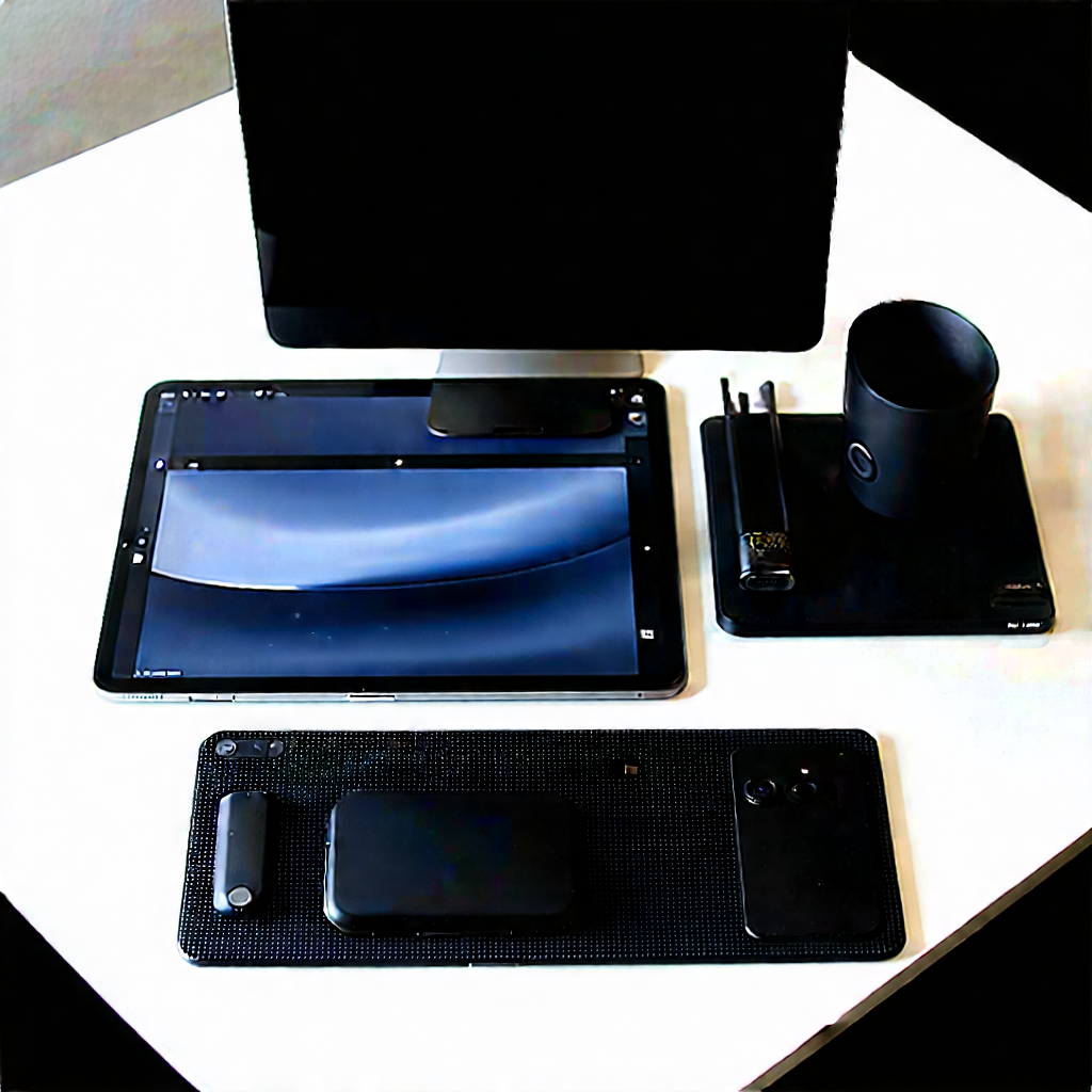 Business Aerial Photography: Workplace With Digital Devices On Desk With Table Variety