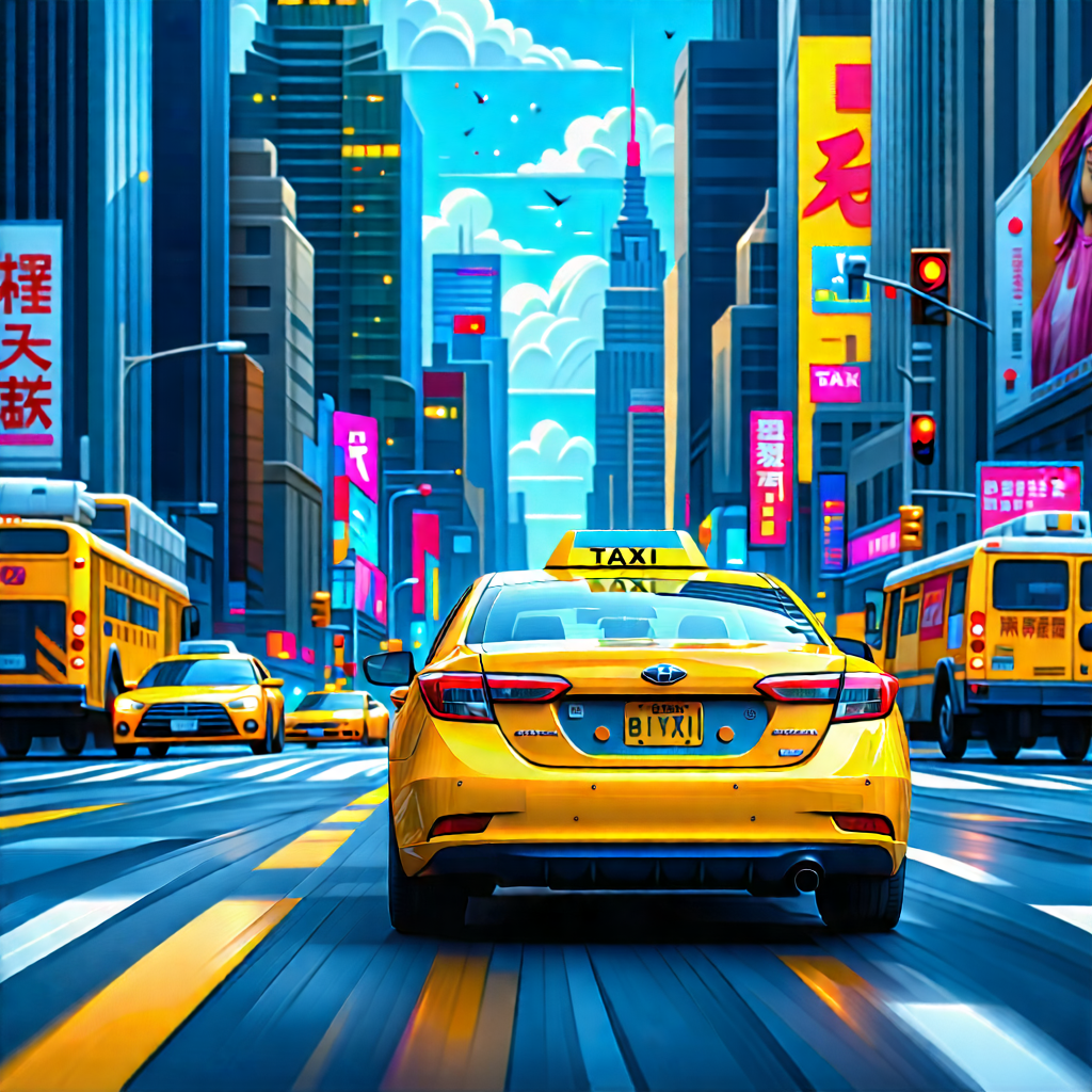 Urban Digital Illustration: (city:1.39) taxi in main avenue