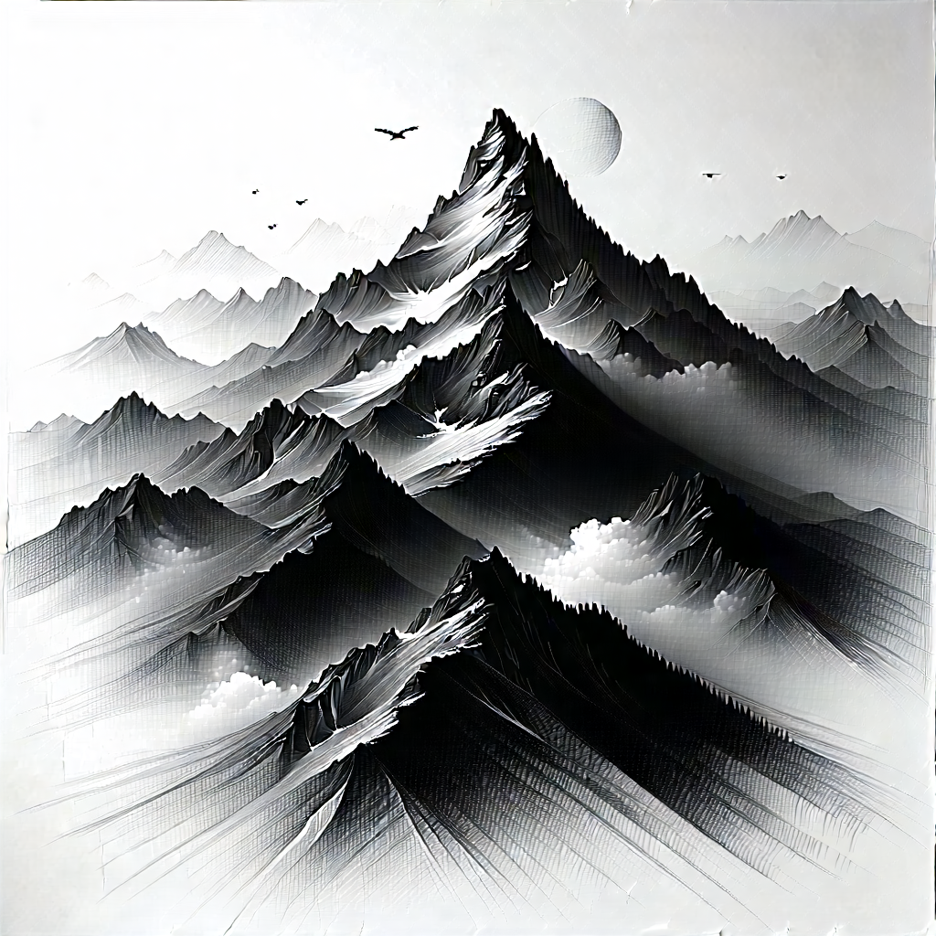 Nature Charcoal Drawing: Aerial View Of Mountain Range With Black White