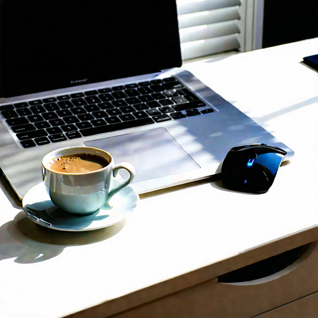 Business Digital Illustration: Workplace with laptop and coffee on desk