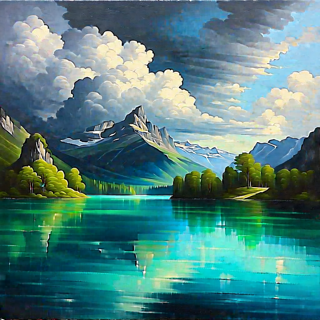 Nature Oil Painting: (dramatic:1.14) (clouds:1.38) over alpine lake