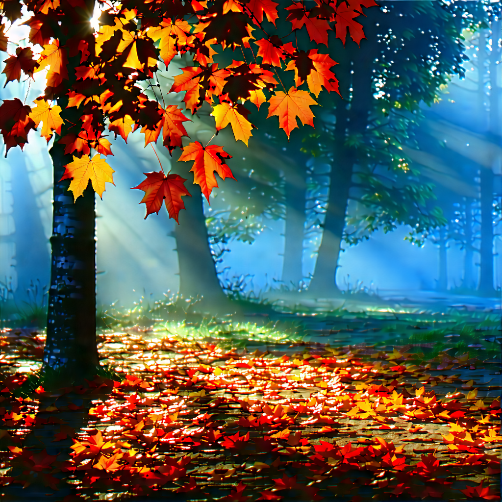 Nature Acrylic Painting: Autumn Leaves In Misty Environment With Image, There