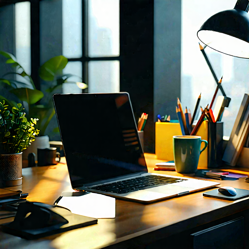 Business Digital Art: Workplace with laptop and coffee on desk