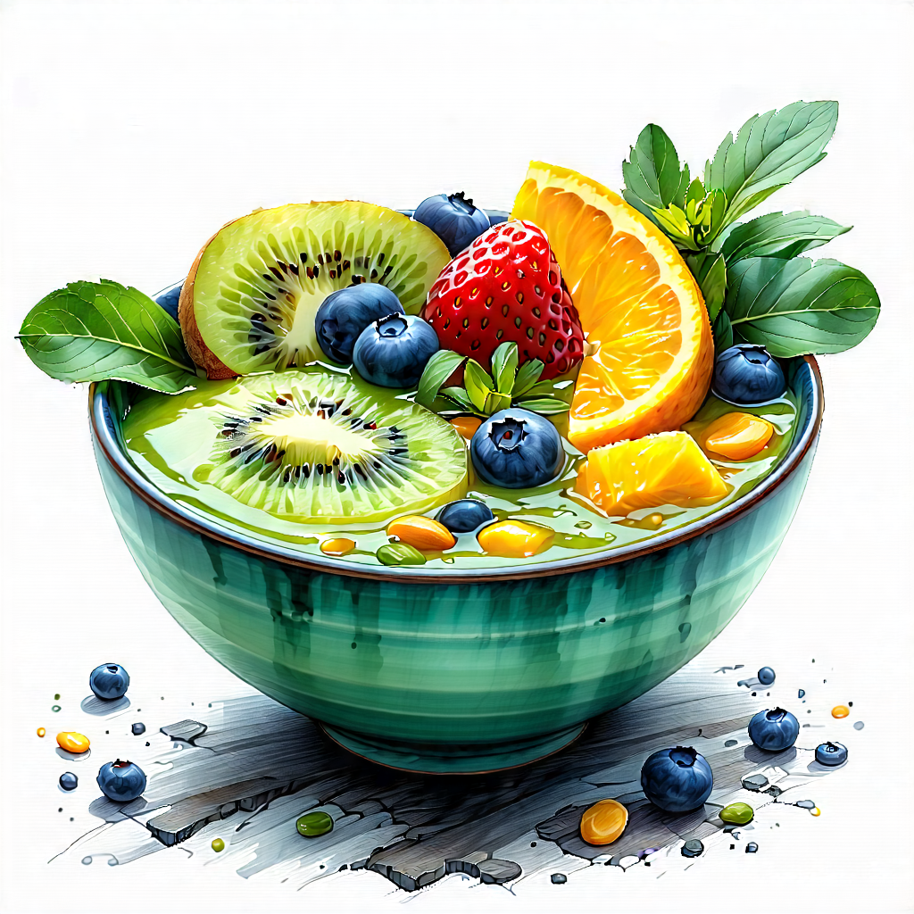 Lifestyle Charcoal Drawing: Smoothie Bowl Prepared With Fresh Ingredients With Large Bowl