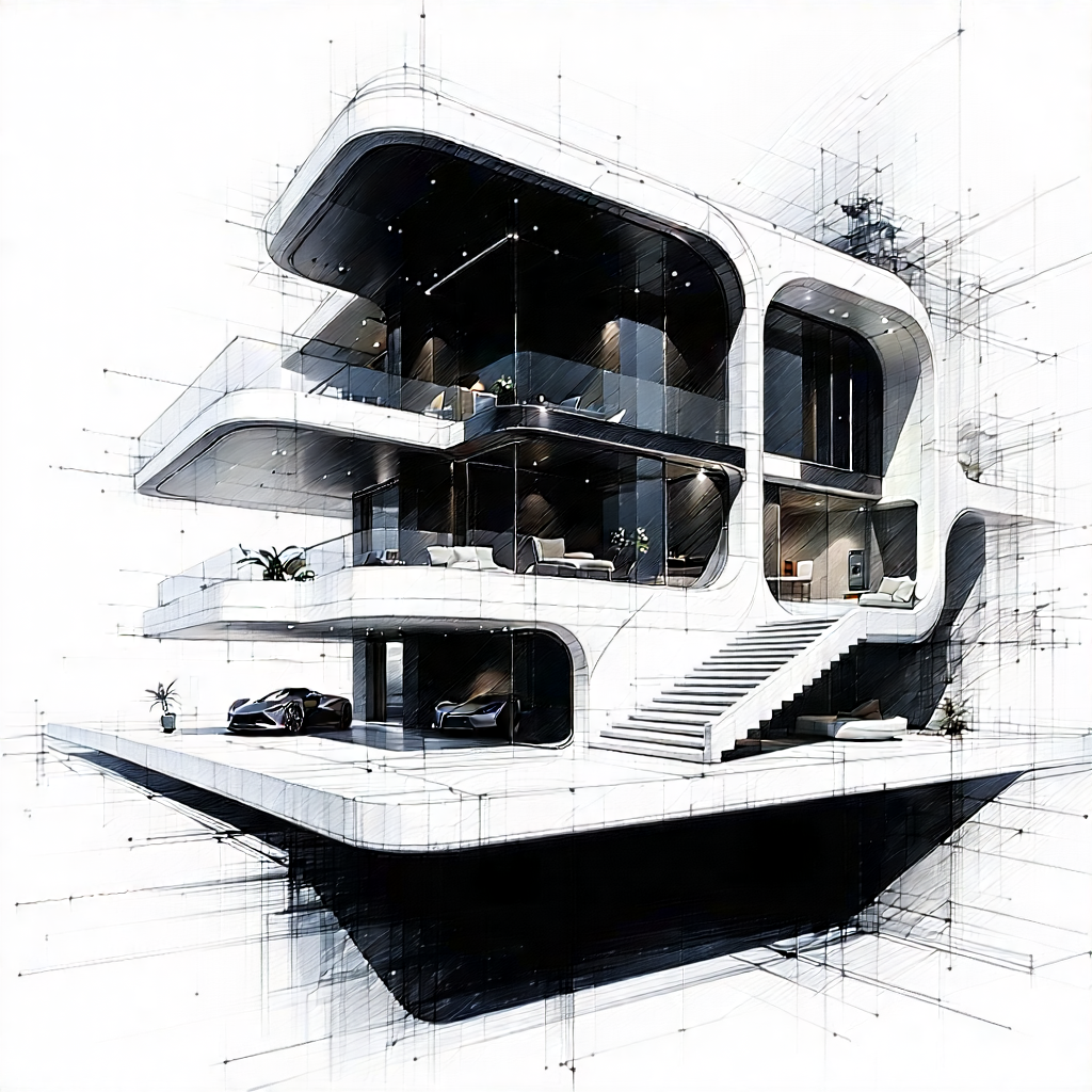 Tech Charcoal Drawing: Futuristic Smart Home With Drawing Large,