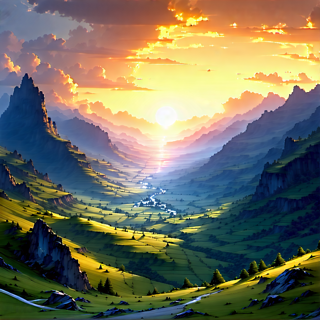 Nature Ink Drawing: Valley During Sunset With Beautiful Landscape