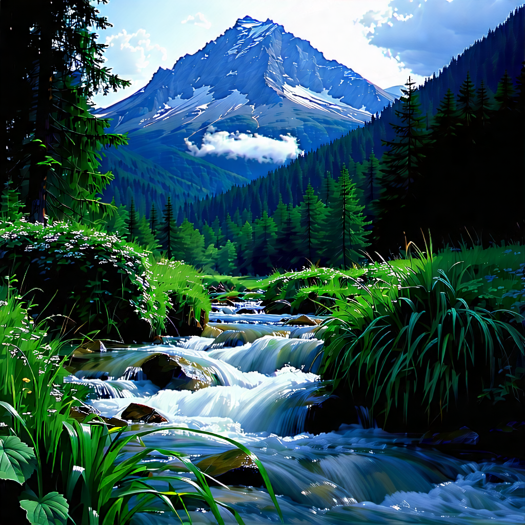 Nature Long Exposure Photography: (mountain:1.47) Stream Surrounded By Lush Vegetation With Beautiful Mountain