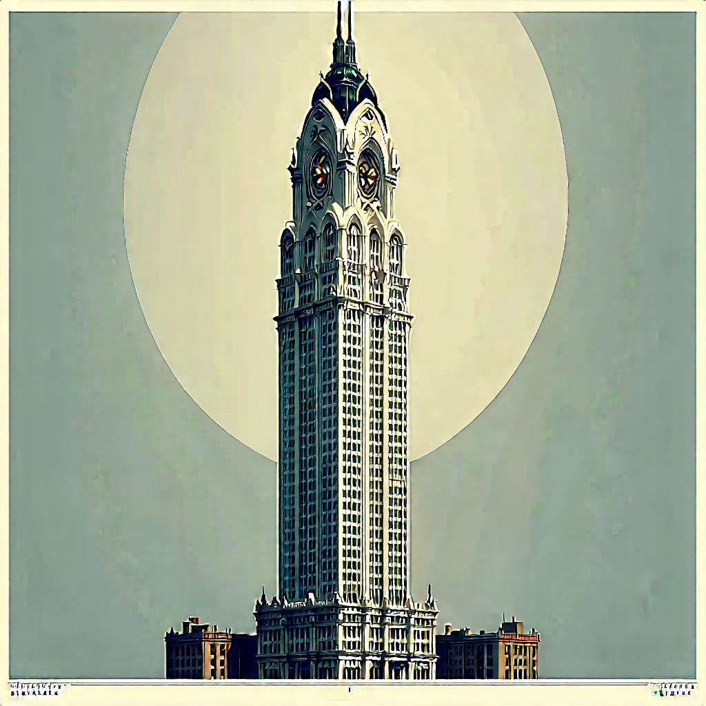 Urban Lithograph: Skyscraper With Ornate Details With Large, Tall