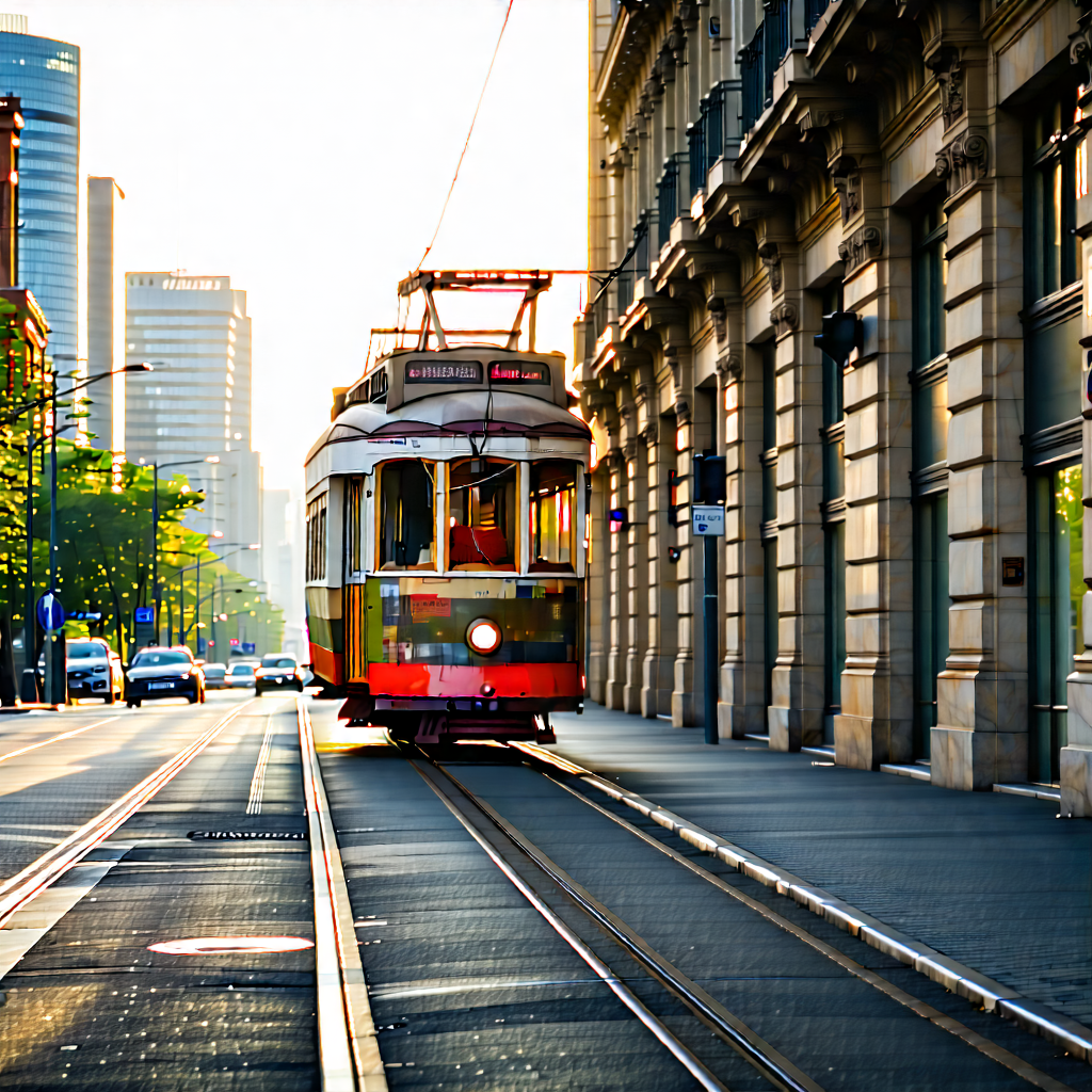 Urban Commercial Photography: (city:1.25) Tram In Quiet Side Street With White Trolley