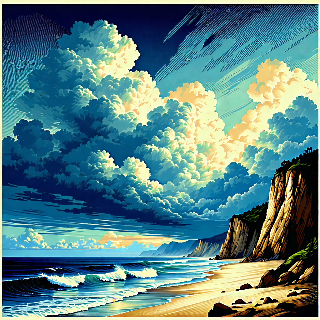 Nature Woodcut Print: Dramatic Clouds Over Coastline With Painting Beach