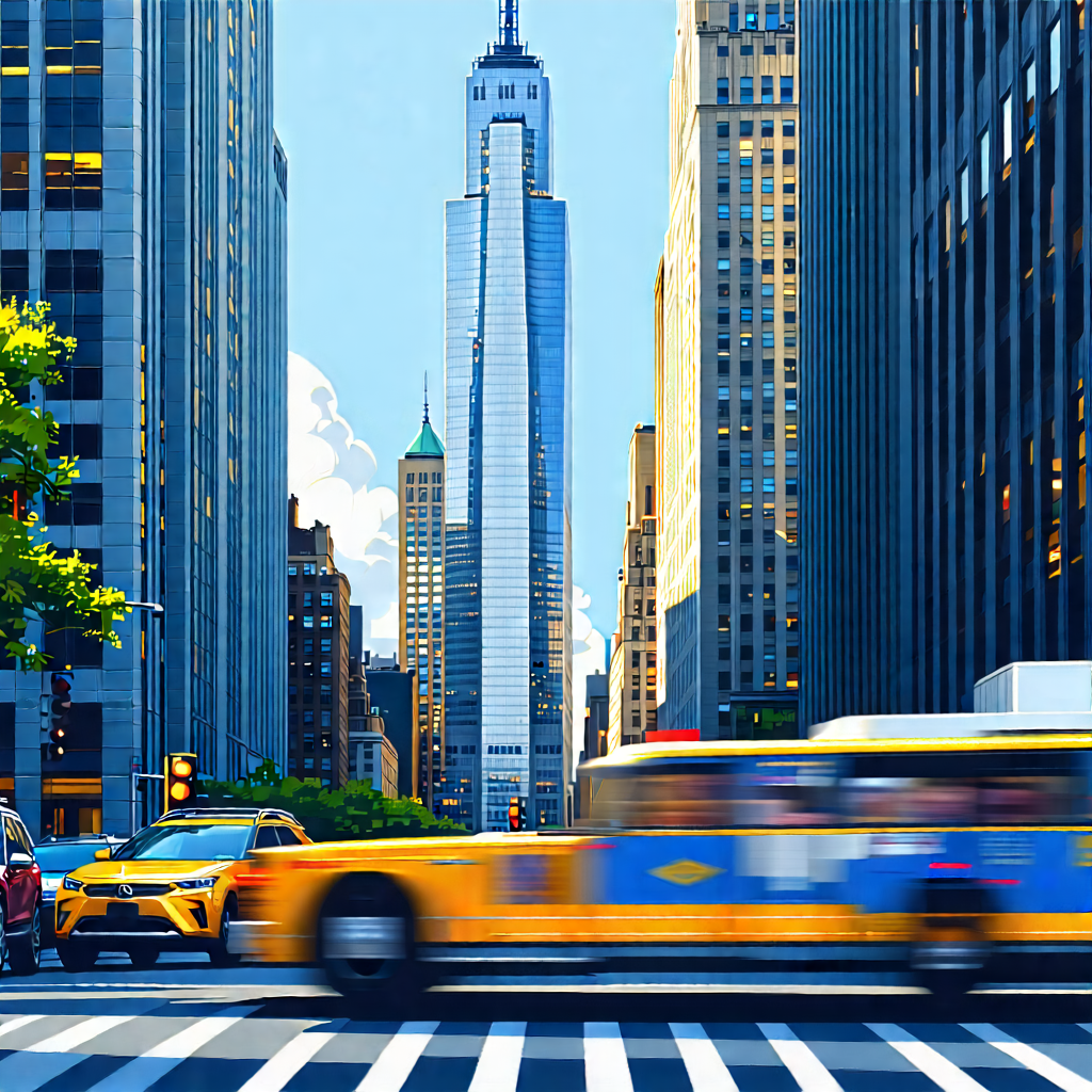 Urban Flat Design: (city:1.33) Rideshare In Financial District With Painting Busy