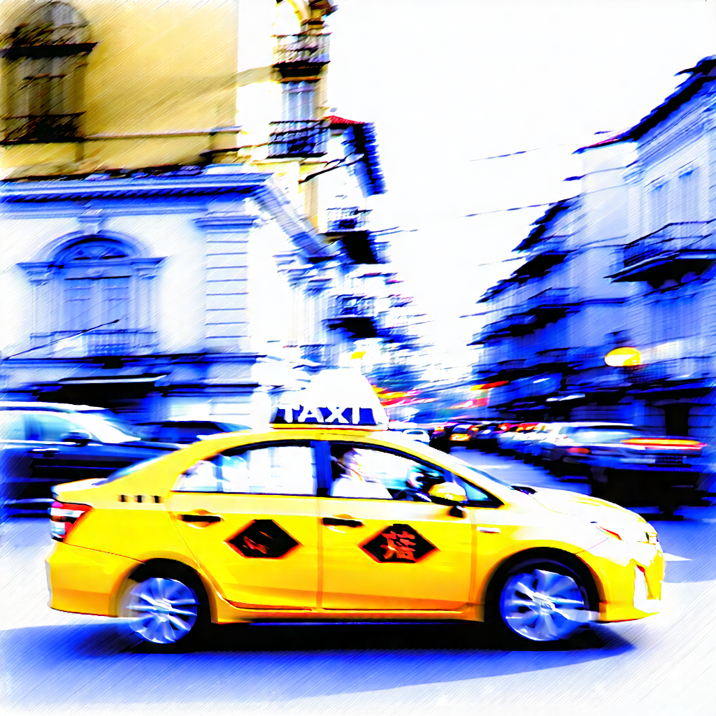 Urban Etching: City Taxi In Historic Quarter With Yellow Taxi