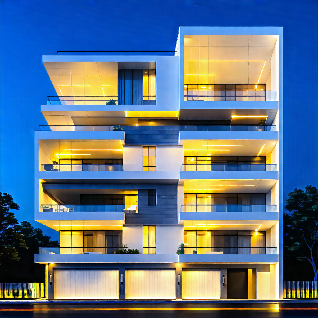 Urban Commercial Photography: (modern:1.3) Apartment Complex With (minimalist:1.21) (design:1.25) With Tall White