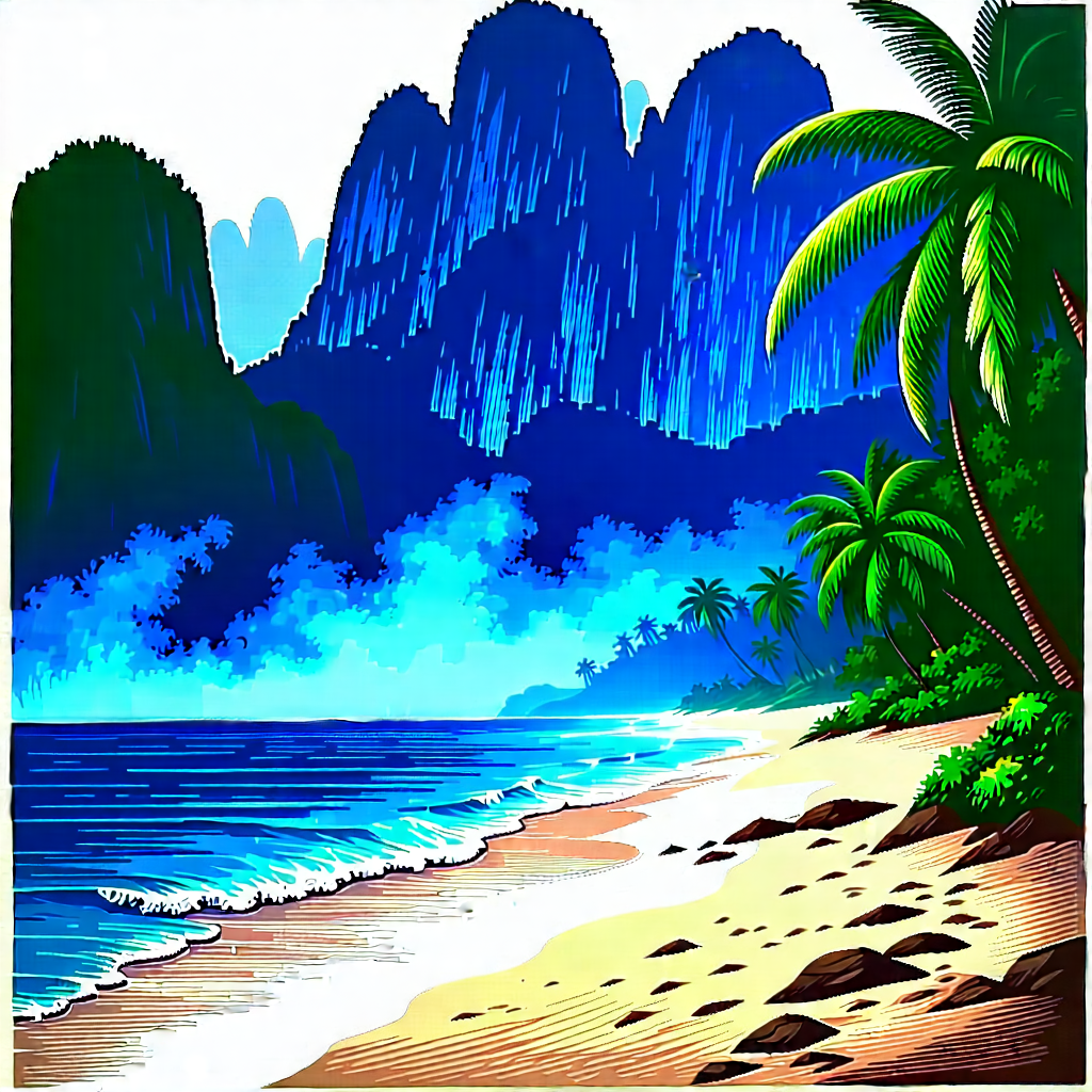 Nature Linocut Print: (mist:1.2) Over Tropical Beach With Painting Tropical