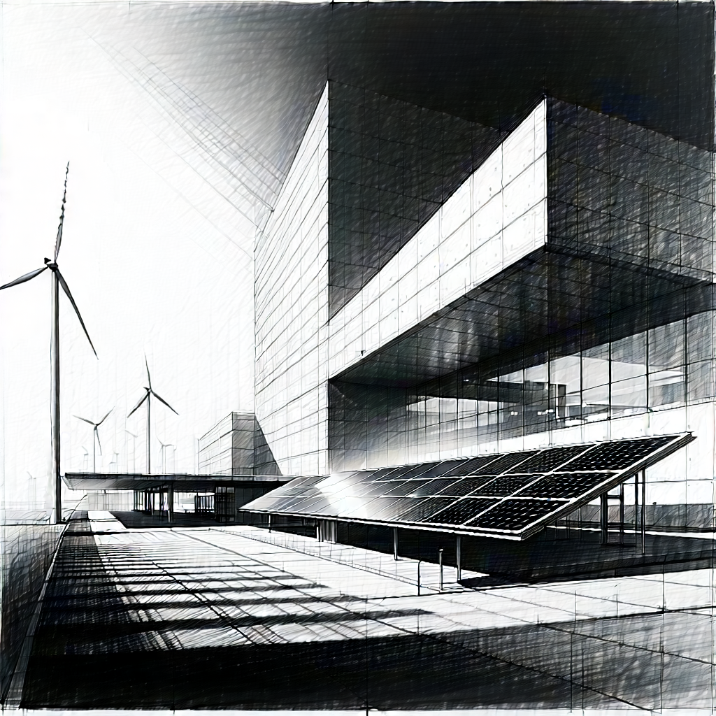 Tech Charcoal Drawing: Innovative Renewable Energy Design With Large Building