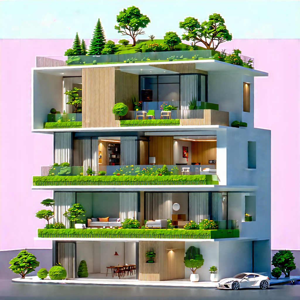 Urban Isometric Design: Urban Loft With Green Rooftop With Large, Multi-story