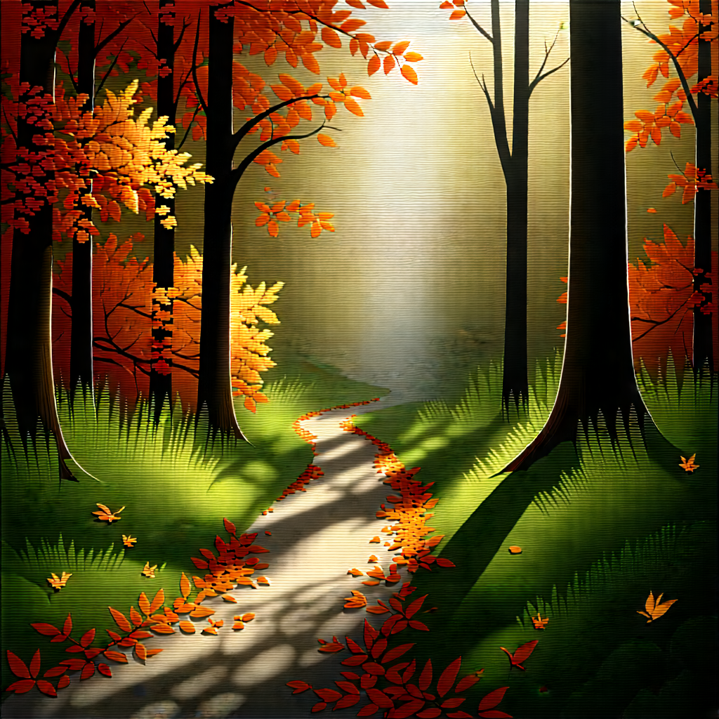 Nature Gouache Painting: Path Through Autumn Woodland With Beautiful Forest
