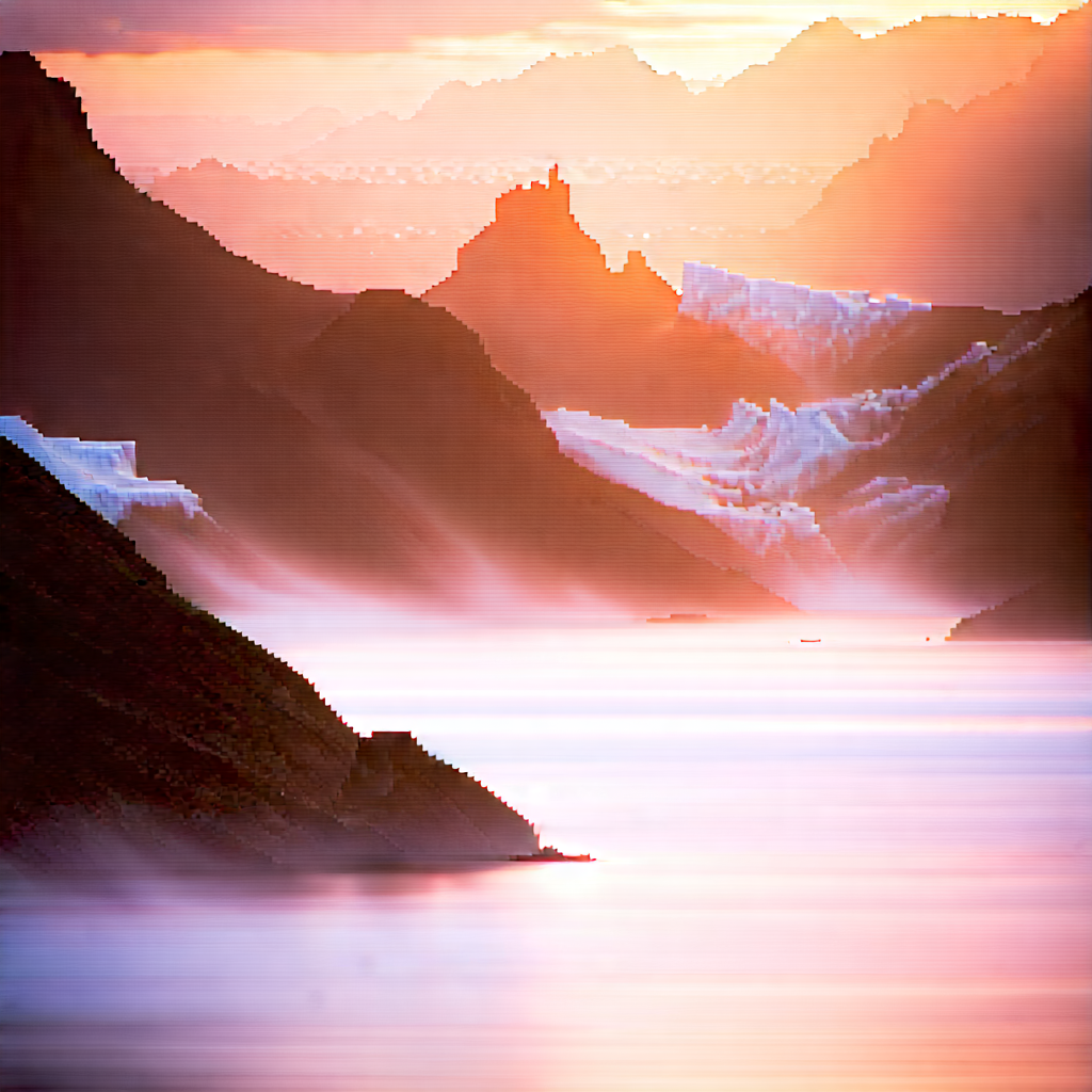Nature Tilt-shift Photography: Glacier In Rainy Season With Beautiful Sunset