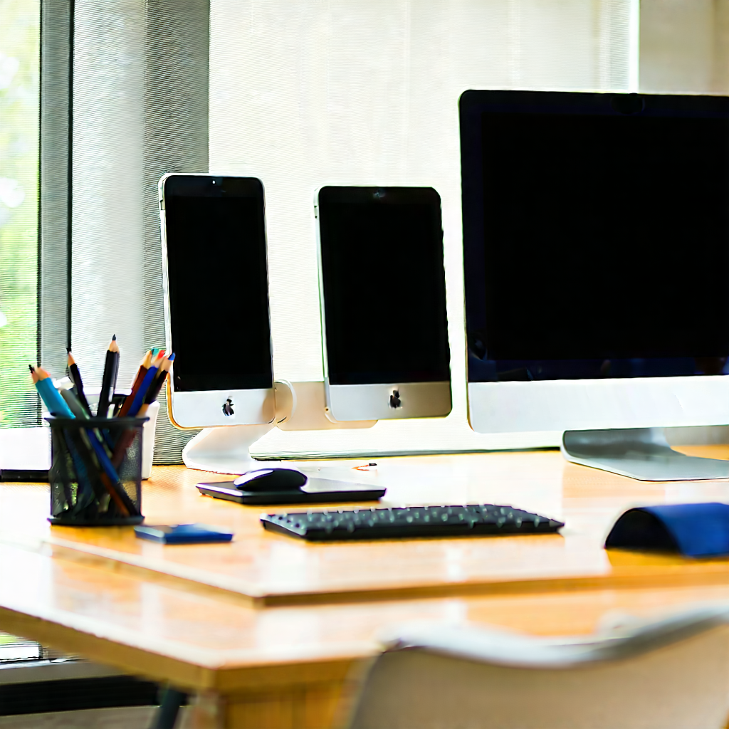 Business Tilt-shift Photography: Workplace With Digital (devices:1.38) On Desk With Wooden Desk