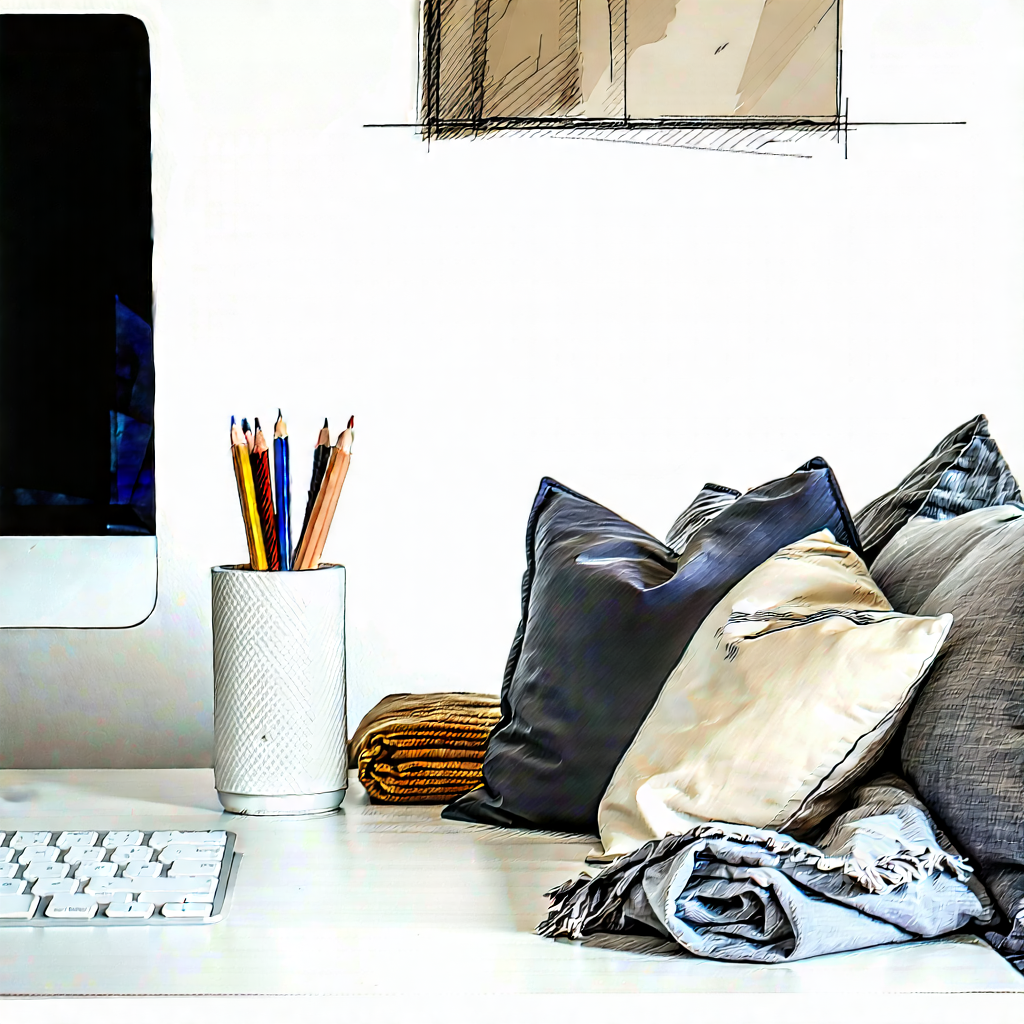 Lifestyle Pencil Sketch: Home office with comfortable textiles
