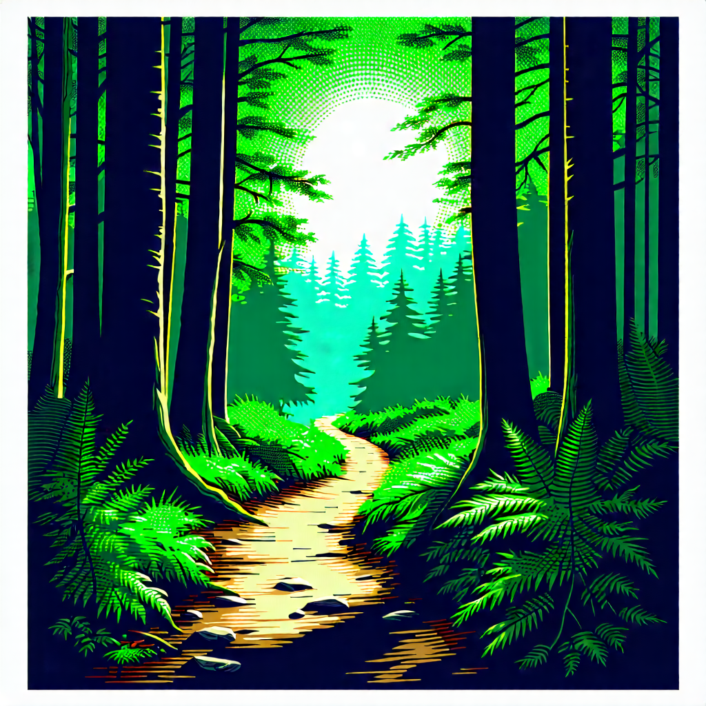 Nature Woodcut Print: Path Through Dense Forest With Image, There