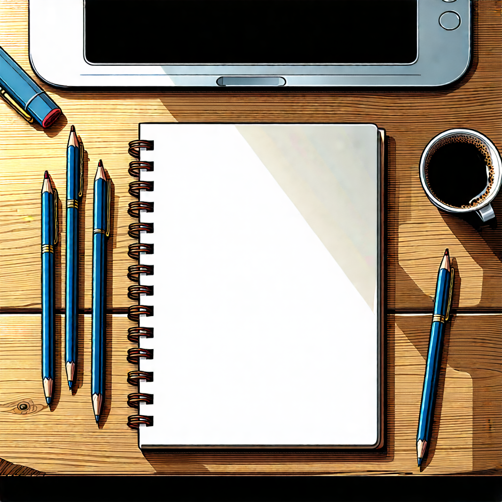 Business Etching: Workplace With Notebooks And Pens On Desk With Wooden Desk