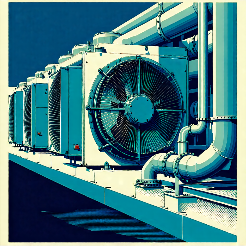 Tech Linocut Print: Close-up Of Cooling System With Large Blue