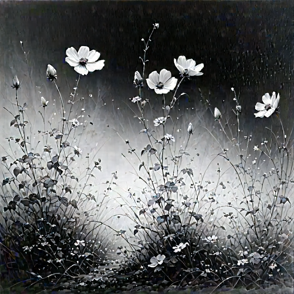 Nature Charcoal Drawing: Wildflowers In Natural Setting With Beautiful Painting