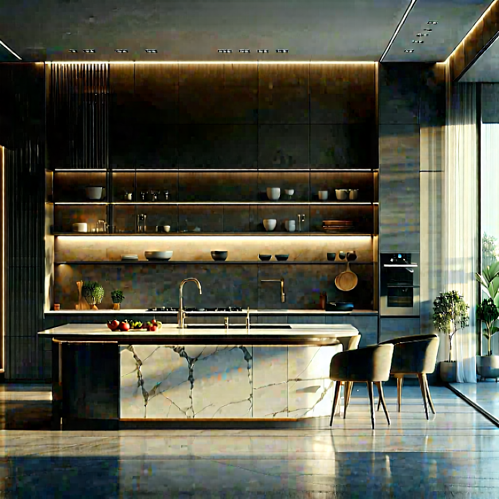 Lifestyle 3d Render: Modern Kitchen With Warm Lighting With Large, Modern