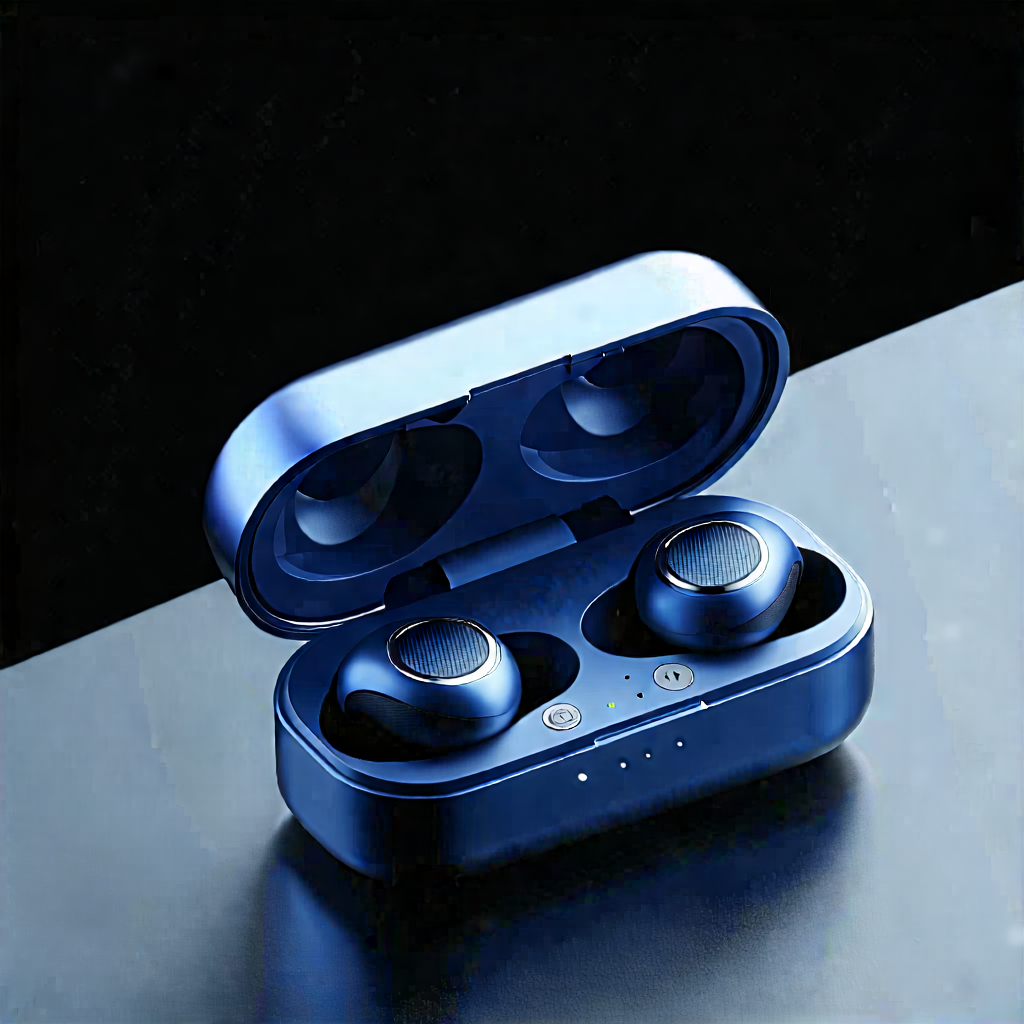Tech Isometric Design: Wireless Earbuds With Data Visualization With Pair Blue