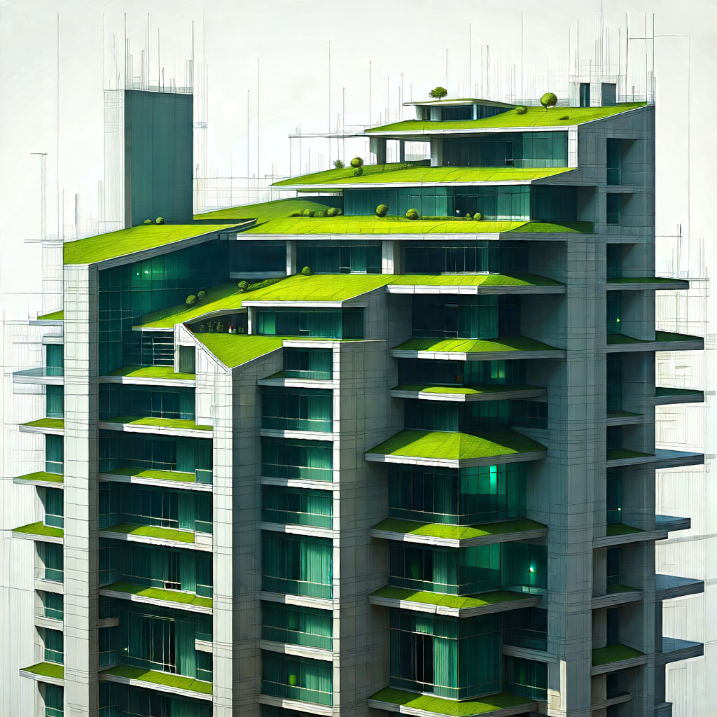 Urban Etching: Skyscraper with green rooftop