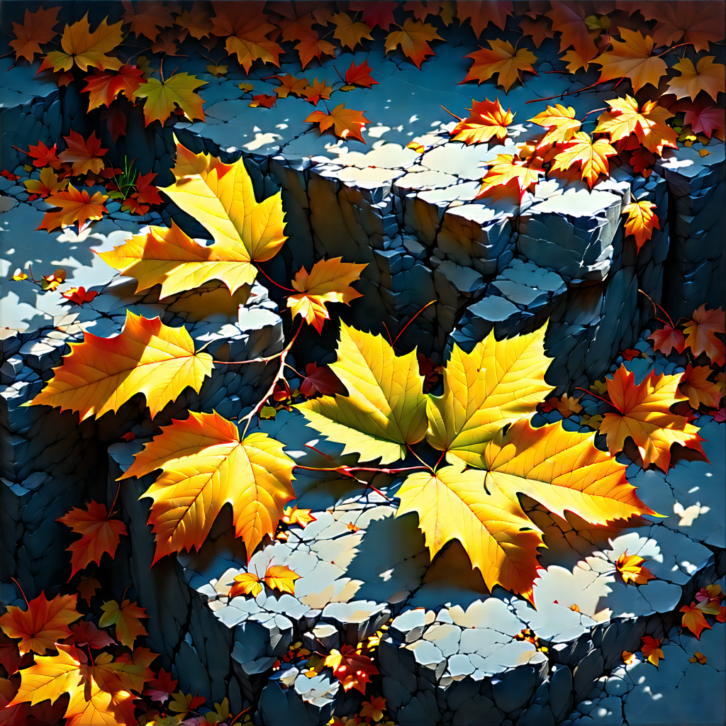 Nature Gouache Painting: Autumn Leaves In Rocky Terrain With Rocky Area
