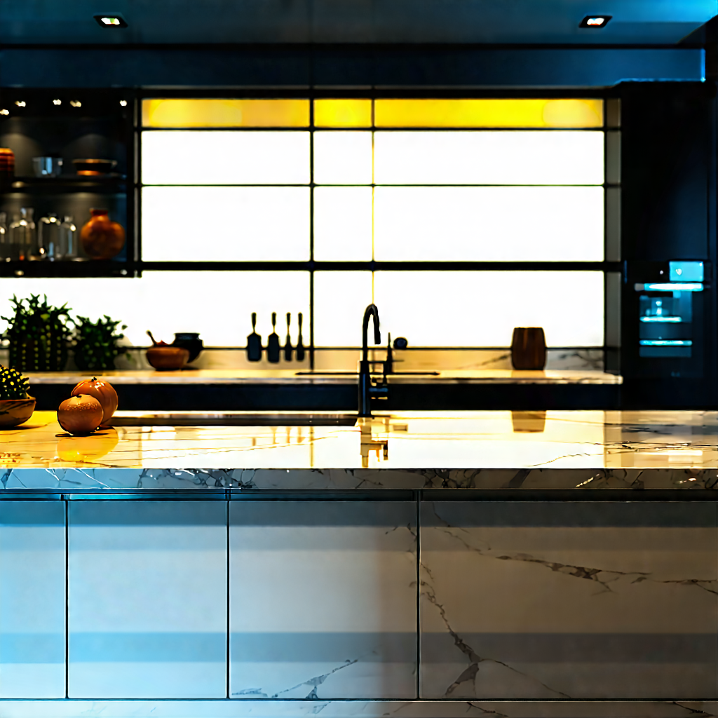 Lifestyle Commercial Photography: Modern Kitchen With Warm Lighting With Large, Modern