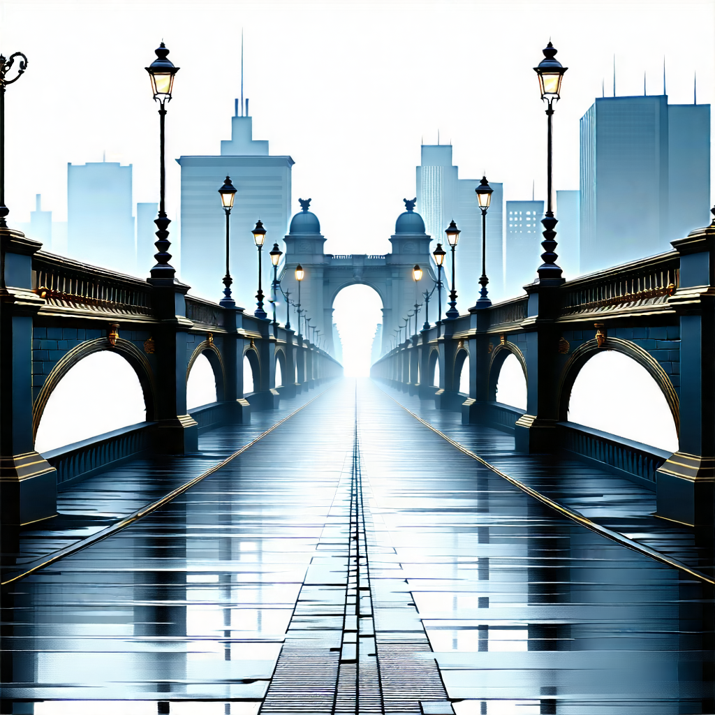 Urban Pencil Sketch: Iconic Bridge With Rain-slicked Streets With Painting Bridge