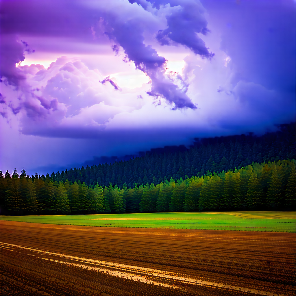 Nature Editorial Photography: Dramatic Clouds Over (forest:1.1) Clearing With Large, Open