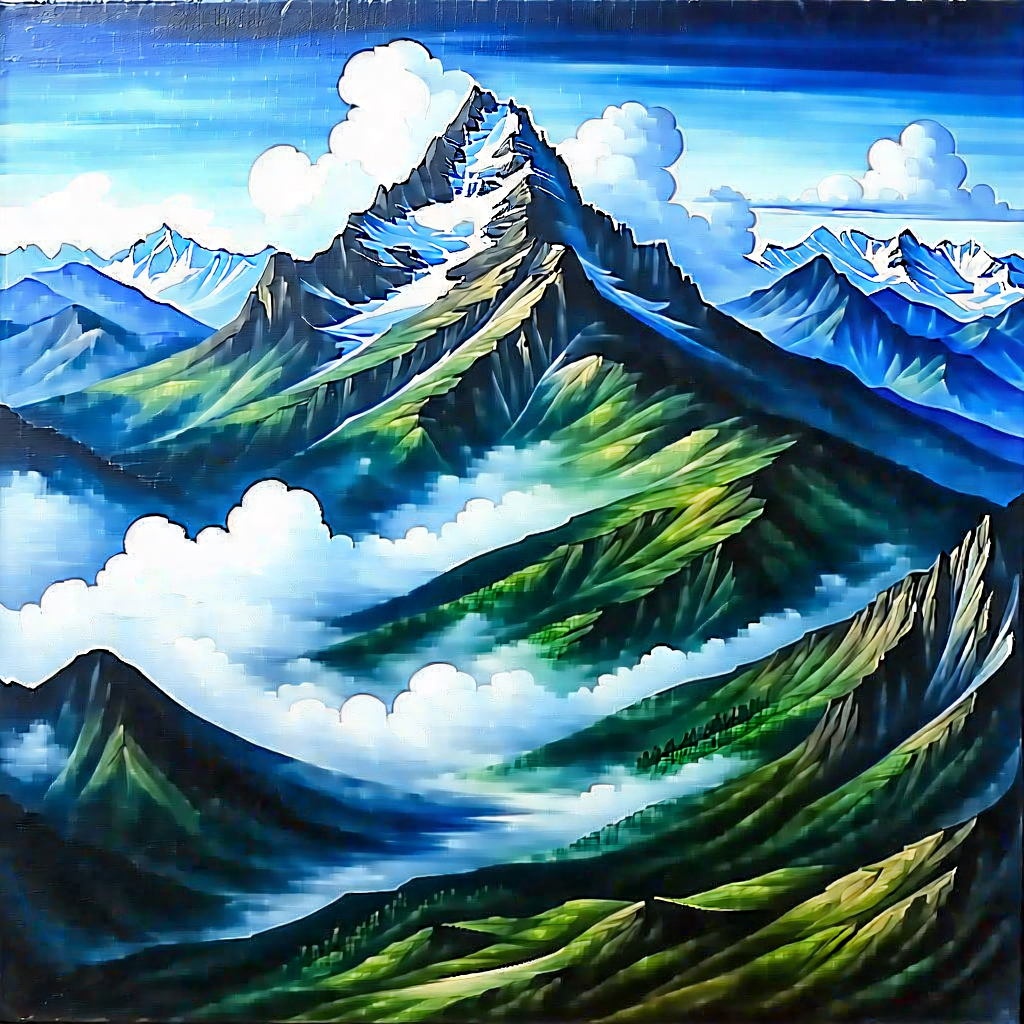Nature Gouache Painting: Aerial view of (mountain:1.12) range