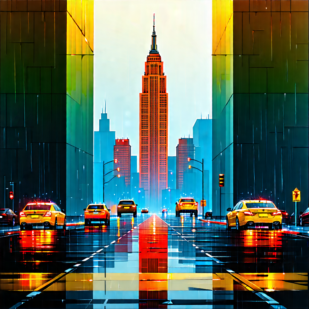 Urban Vector Art: Famous building with rain-slicked streets