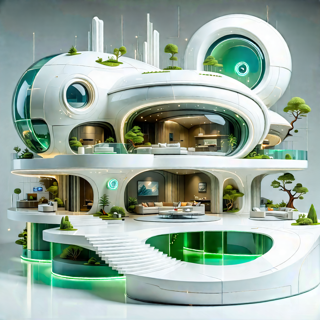 Tech Gouache Painting: (futuristic:1.45) Smart Home With Large, Futuristic-looking