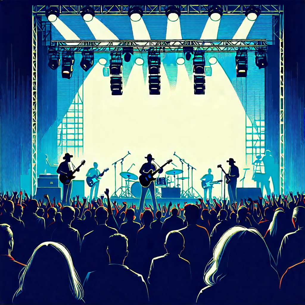 Urban Woodcut Print: Urban outdoor concert scene