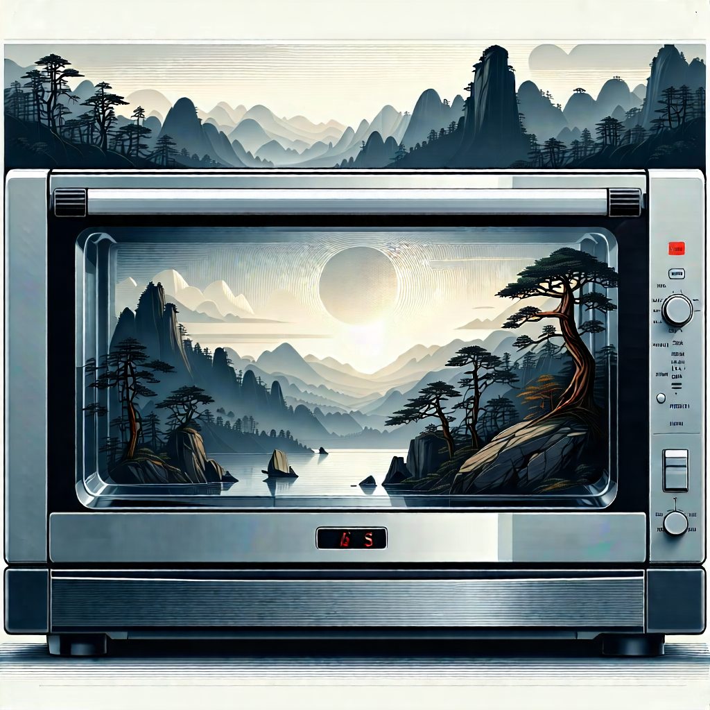 Tech Woodcut Print: Innovative Smart Appliance Design With Microwave Oven
