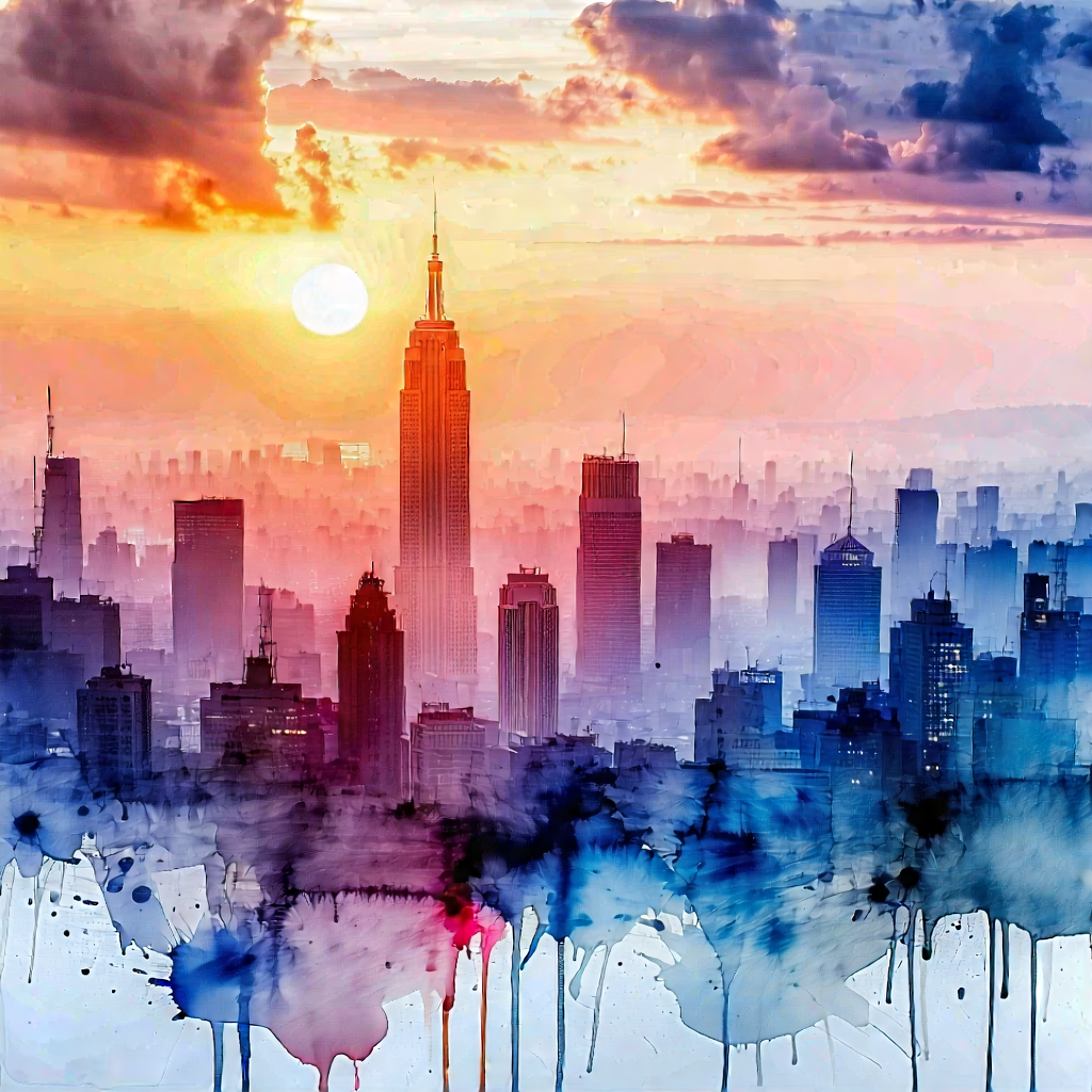 Urban Watercolor Painting: Cityscape Of Urban Skyline During Sunset With Painting City