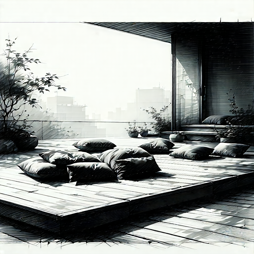 Lifestyle Charcoal Drawing: Balcony Garden With Comfortable Textiles With Image, There