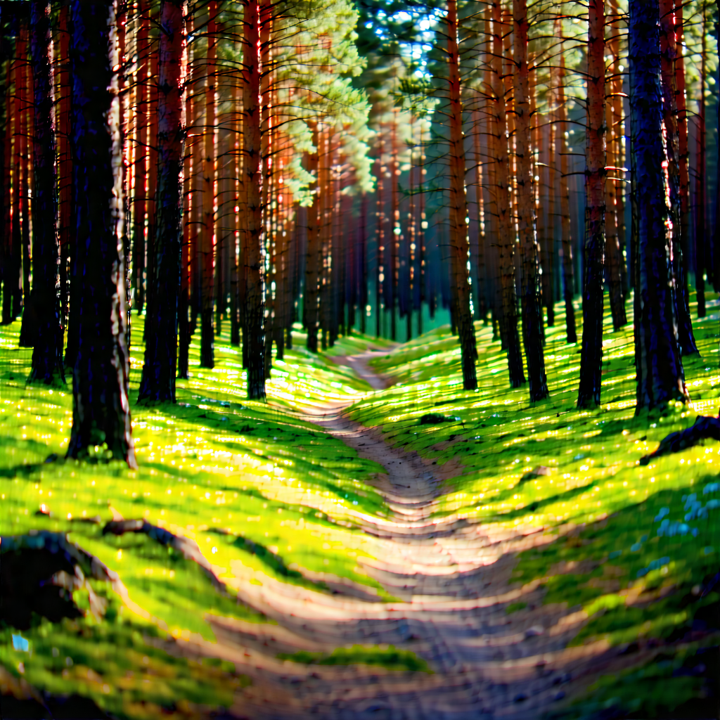 Nature Landscape Photography: Path Through Pine Forest With Lush Green